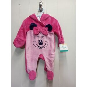 Disney Baby Minnie Mouse Hot Pink Fuzzy Button Down One Piece (Size 3-6M) Nwt